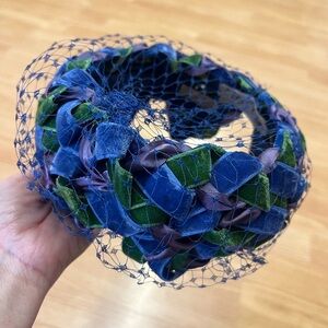 Vintage Pillbox Hat Green and Blue Velvet Design